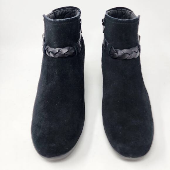 Clarks Booties Women 11 Wide Bendables Black Suede Stack Heel Braided Band 68728 - Picture 3 of 10